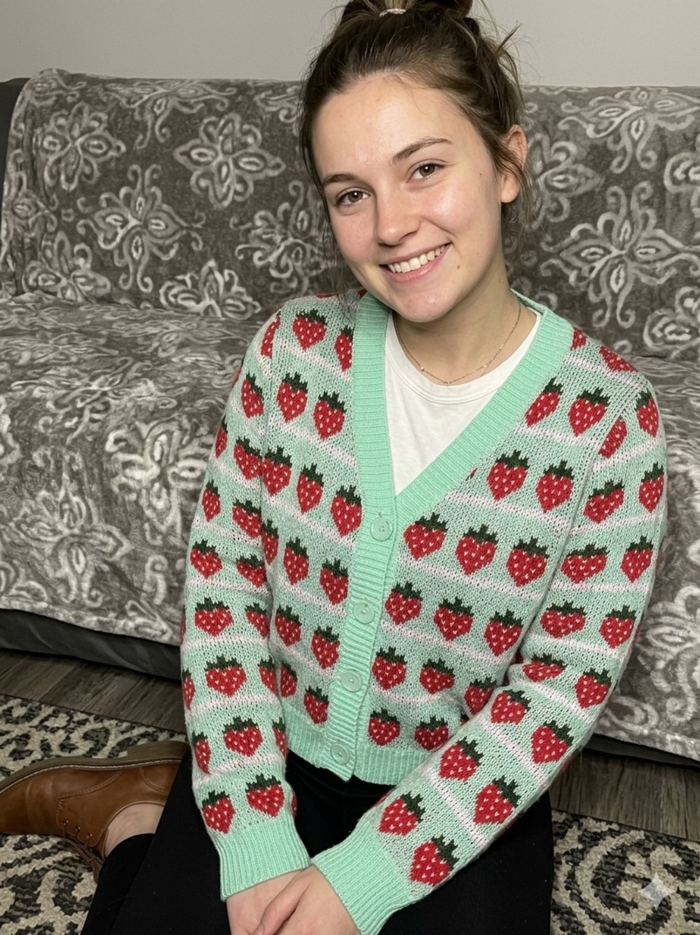 Mint Green Strawberry Knit Button-Up
Cardigan Sweater - Size [Sm] oversized